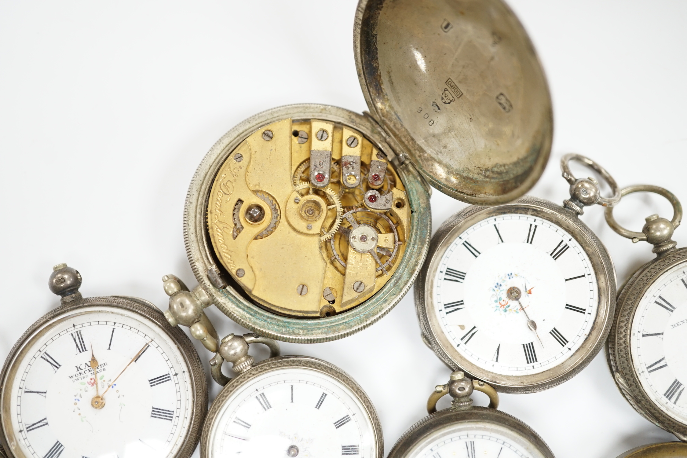 A large quantity of assorted wrist and pocket watch parts and movements, together with assorted fob watches including silver.
